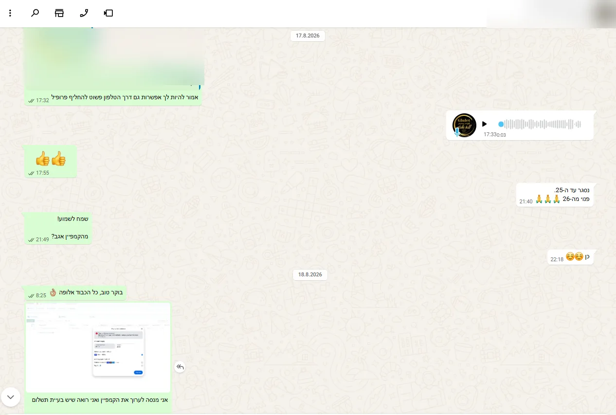 צילום מסך אנונימי של שיחת לקוח